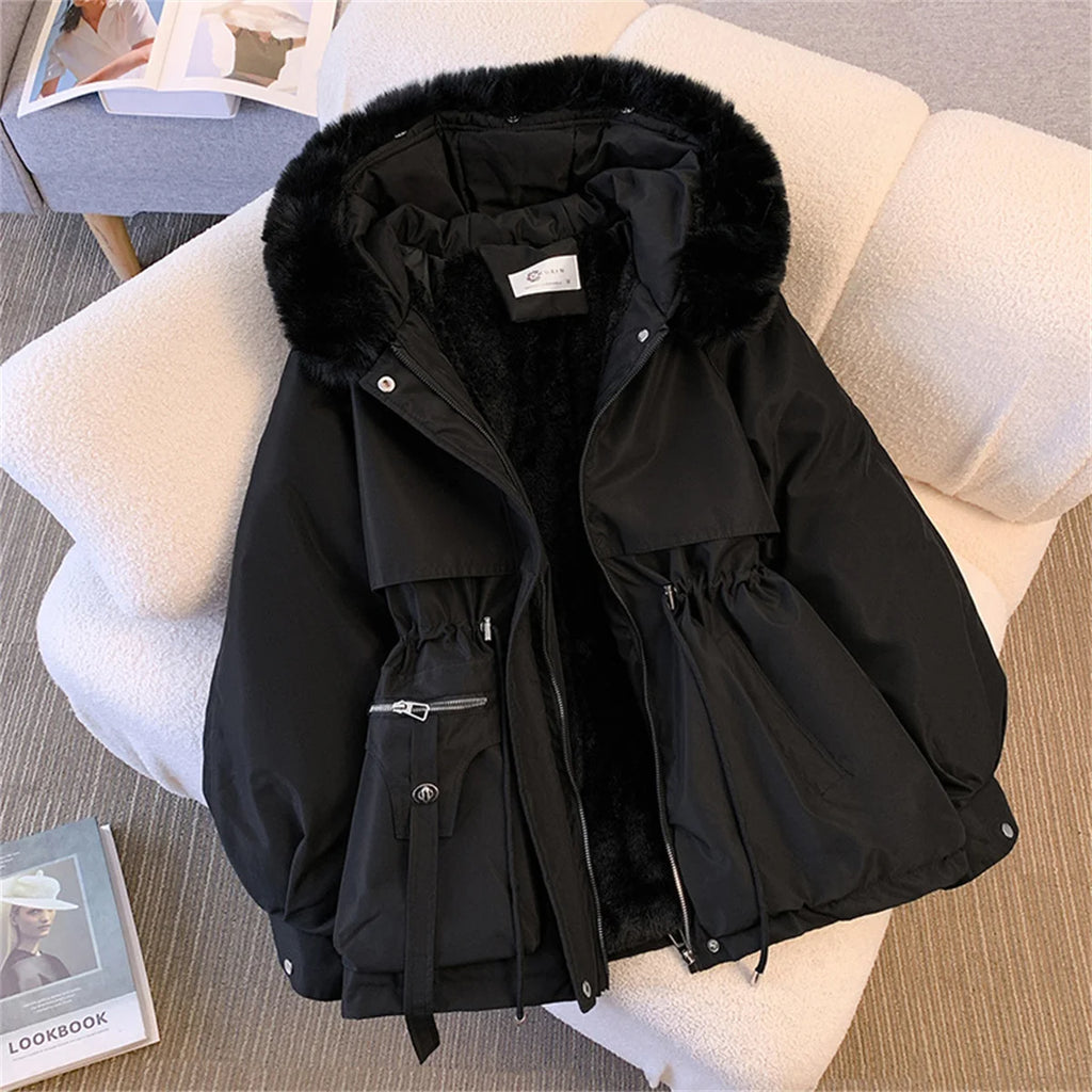 Women's Korean Hooded Padded Parka – Thick Zip-Up Drawstring Winter Coat