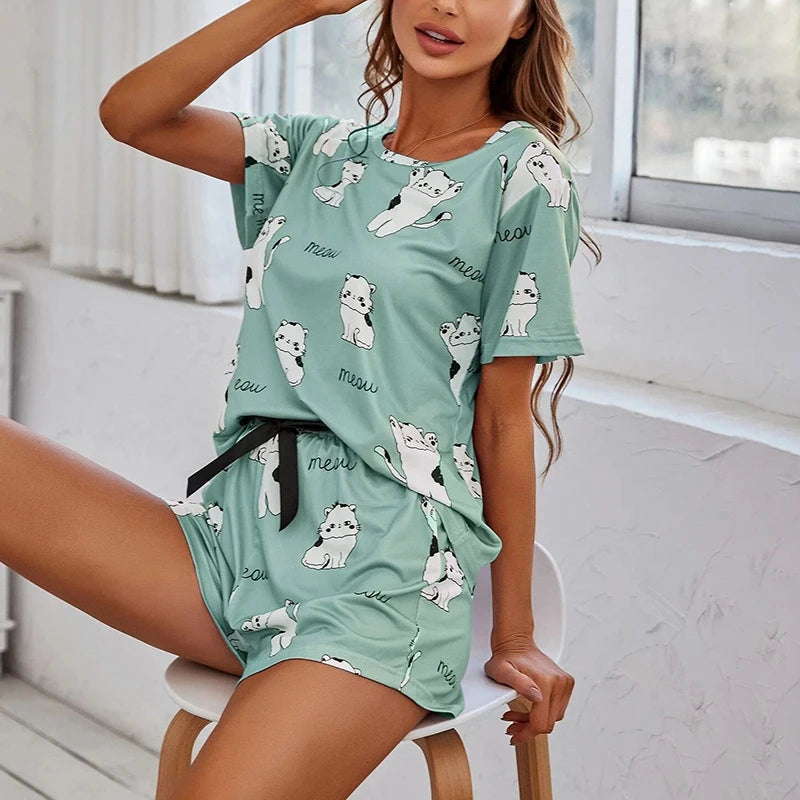 Cartoon Print 2-Piece Pajama Set — Short Sleeve Top & Pants