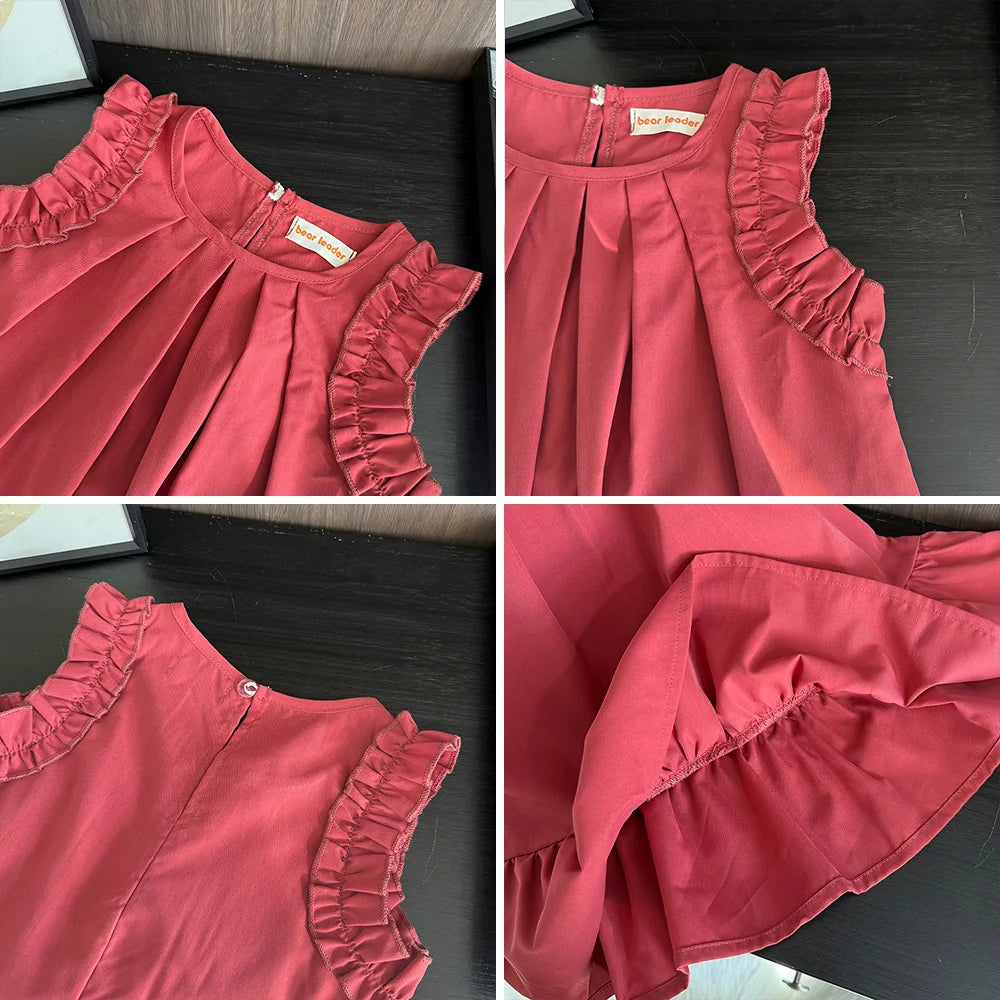 Korean Sleeveless Pleated Girls Dress — Solid Color Round Neck Summer Kids Dress