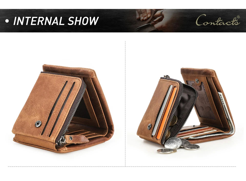 Genuine Cowhide Leather Men's Trifold Wallet – Vintage Crazy Horse Leather Zip Coin Pocket Purse