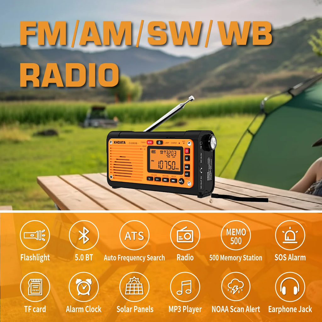 XHDATA D-608WB Emergency Crank Weather Radio — NOAA, Solar & Hand Crank Powered