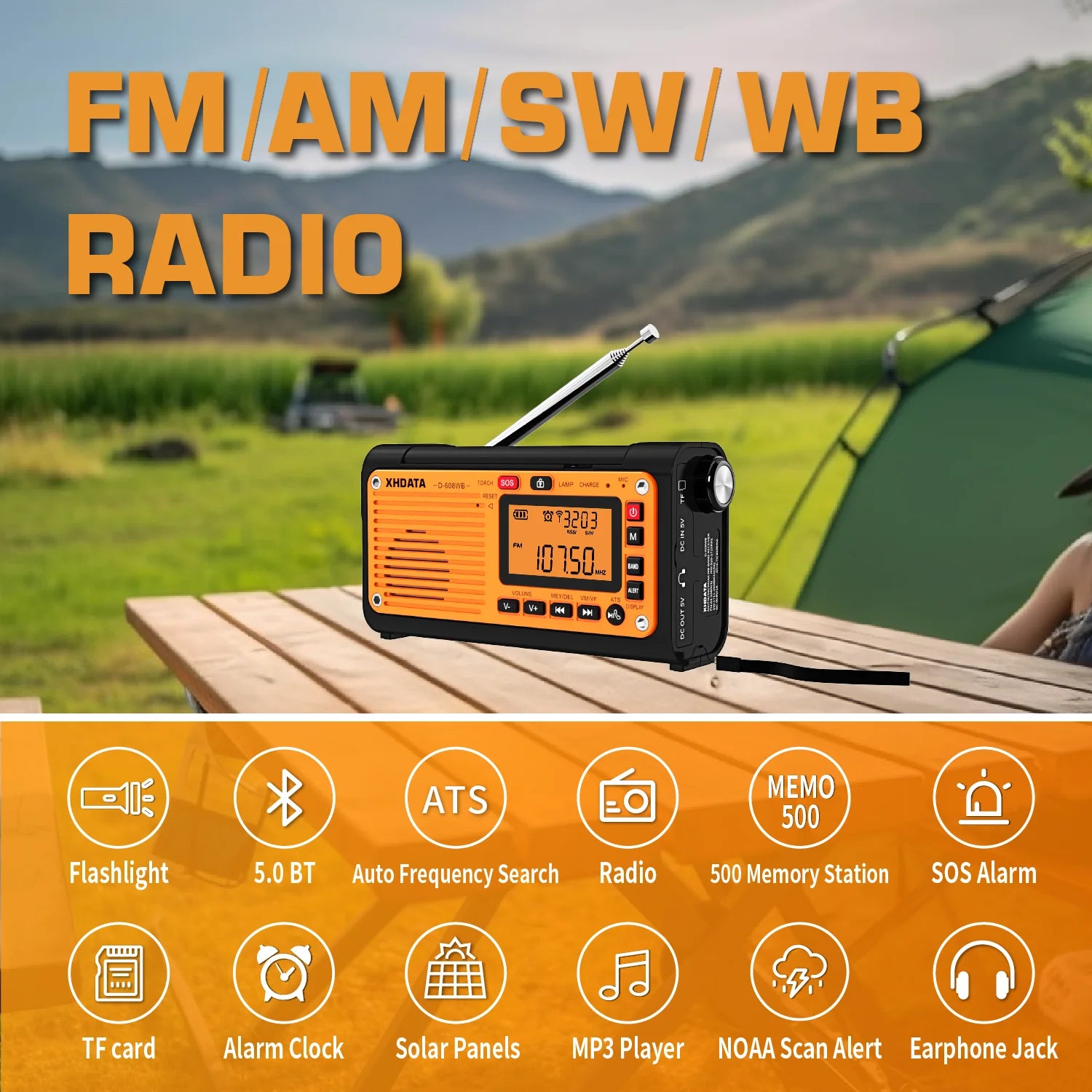 XHDATA D-608WB Emergency Crank Weather Radio — NOAA, Solar & Hand Crank Powered