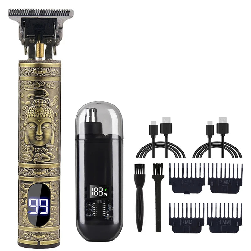 T9 Vintage Men's Electric Hair Clipper & Beard Trimmer – Rechargeable, Wet/Dry, Nose Trimmer Kit