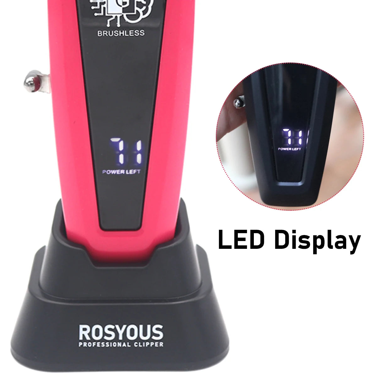 ROSYOUS Professional Brushless Hair Clipper – DLC Blade, LED Display, Base Charger, 240-Min Runtime