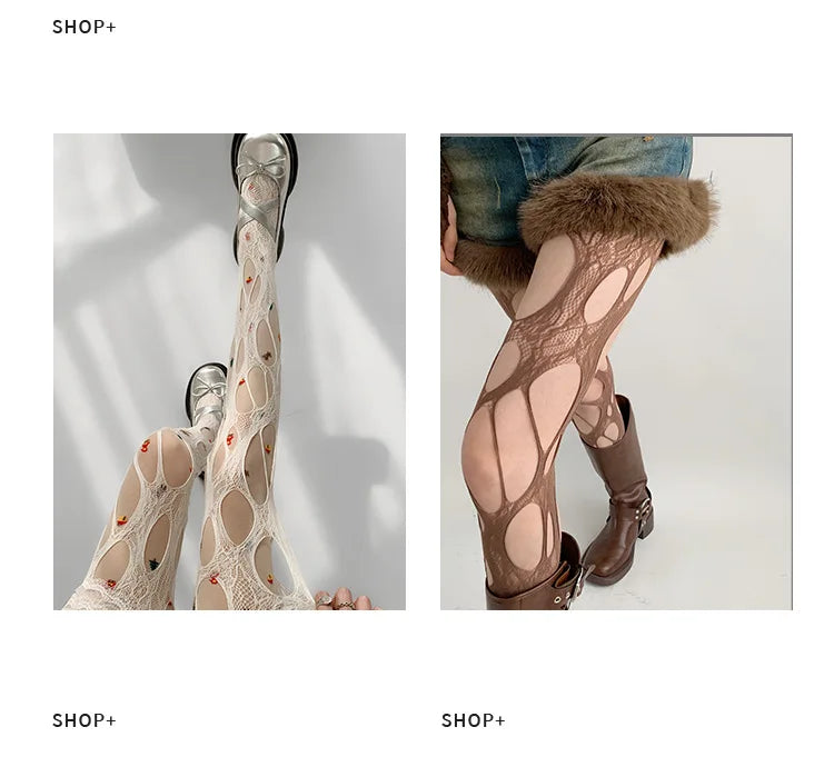 Gothic Fishnet Pantyhose – Ripped Lace Silk Stockings Y2K Punk Hollowed-Out Retro Tights