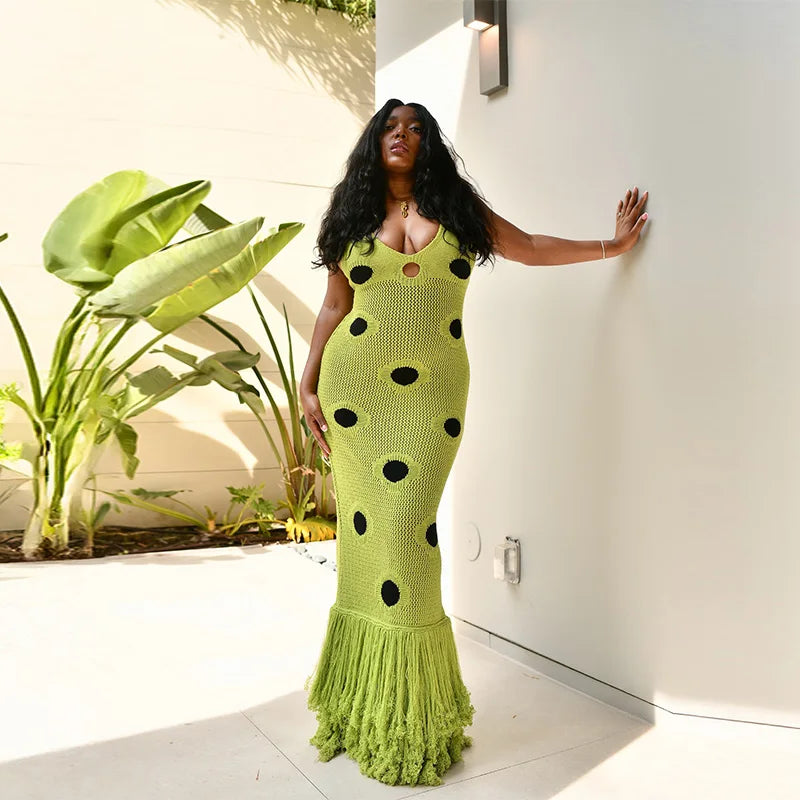 Women's Sexy See-Through Knitted Maxi Dress | Hollow Out Deep-V Tassel Hem Party Gown