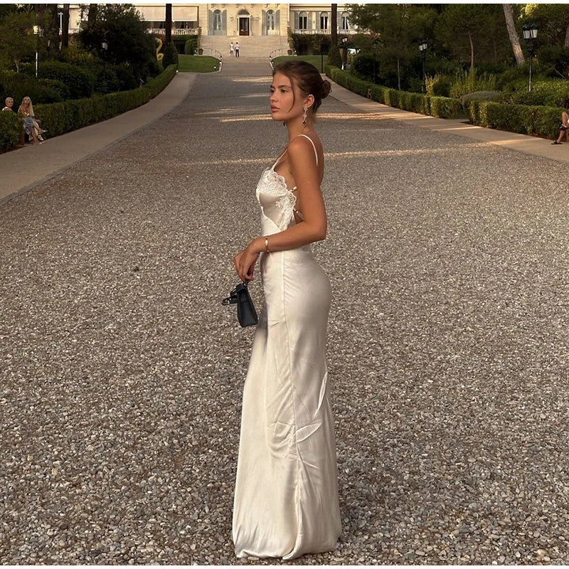 Lace Patchwork Satin Maxi Gown — V-Neck Sleeveless Backless Evening Dress