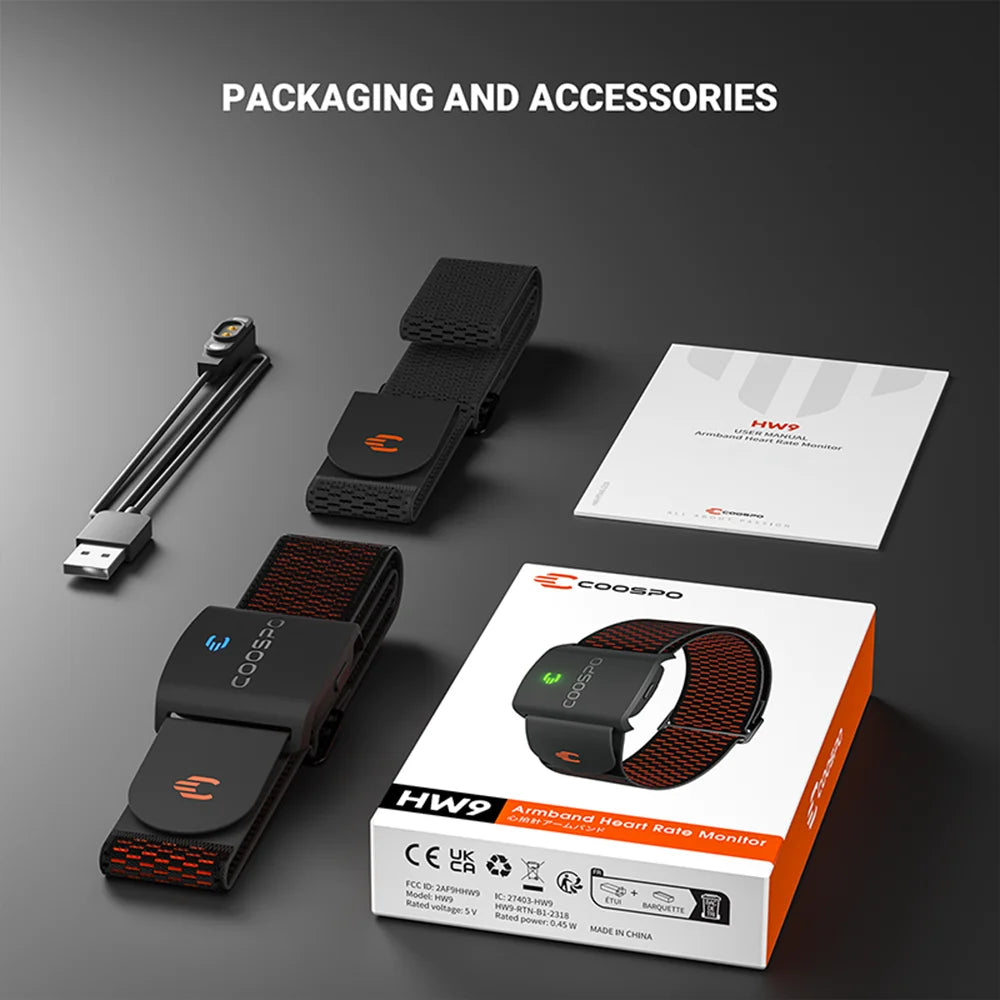 COOSPO HW9 Armband Heart Rate Monitor — HR Zones, Calories, BLE 5.0 & ANT+ for Peloton, Zwift & Wahoo