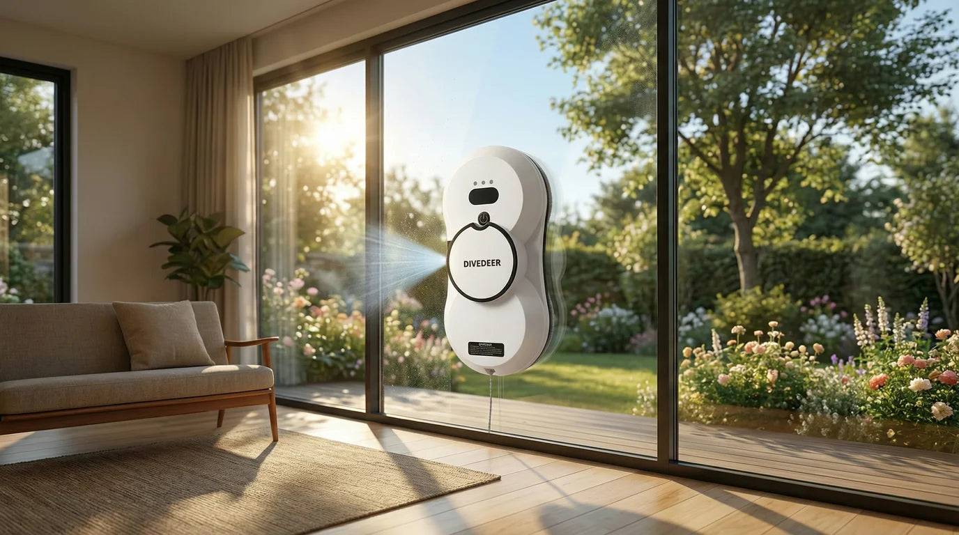 DIVEDEER Window Cleaning Robot – 5600PA Suction, Electric Spray & Fall Prevention Remote Cleaner