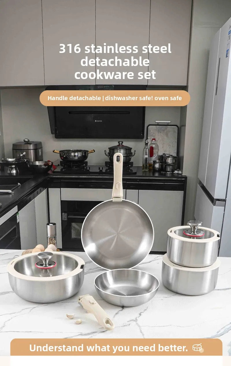 Pot and Cooking Set 316 Stainless Steel Household Full Set Six-Piece Pot Set, Detachable Handle, Uncoated Frying and Frying Wok