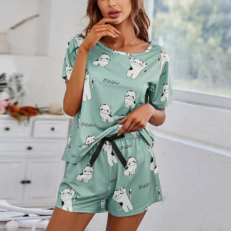 Cartoon Print 2-Piece Pajama Set — Short Sleeve Top & Pants