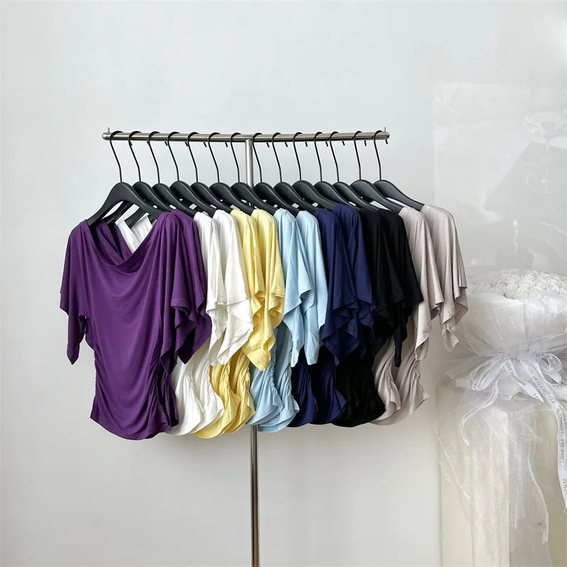 Women's Slash Neck Flare Sleeve Slim Pleated T-Shirt – Sexy Solid Color Pullover Top