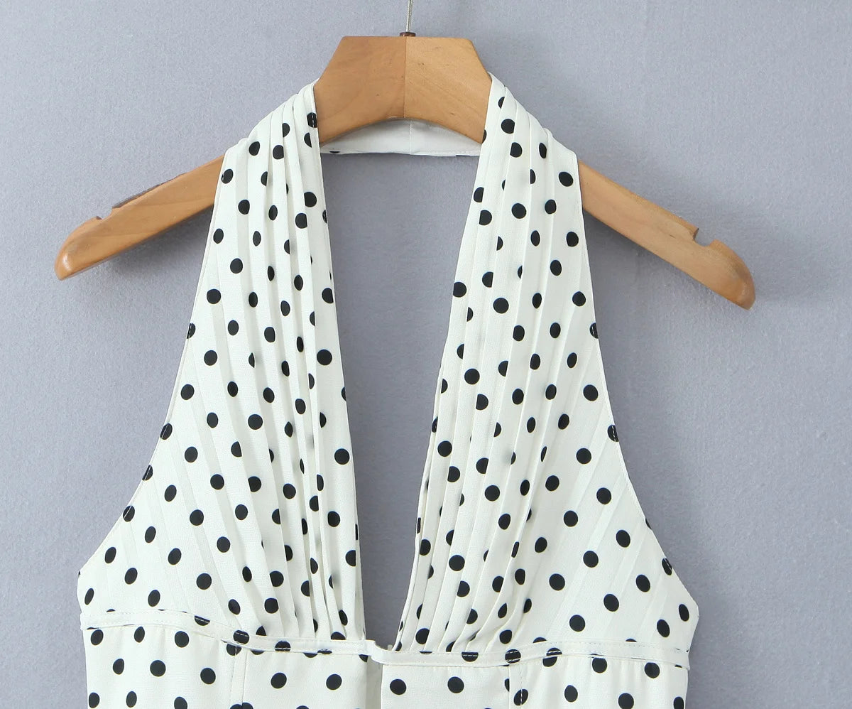 Retro Polka Dot Deep V Halter Mini Dress — Backless A-Line Slim Summer Dress