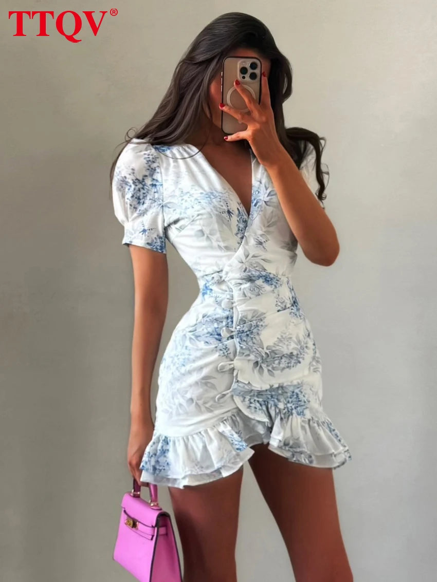 Women's Slim Print V-Neck Ruffle Mini Dress – Elegant Short Sleeve Streetwear Dress 2026