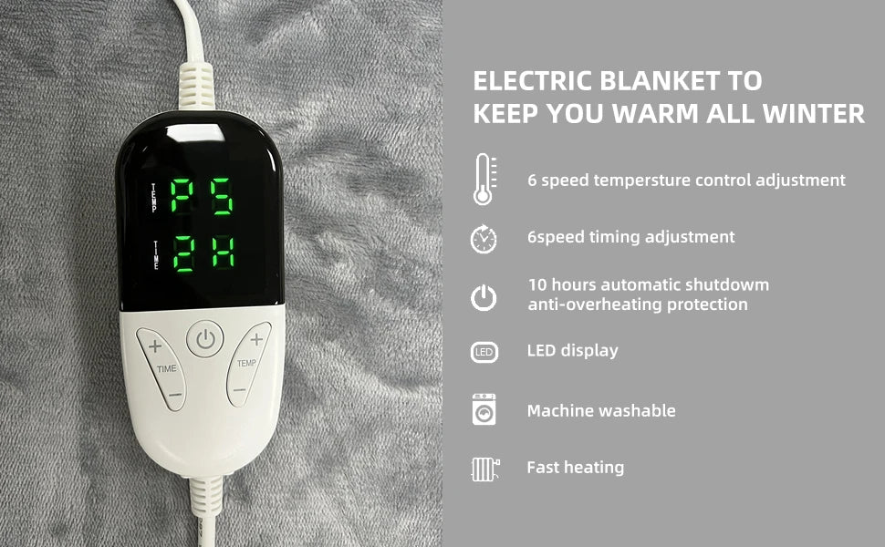 Electric Heated Blanket – Soft Throw with 6 Heating Levels, 4-Hour Auto-Off & Overheat Protection