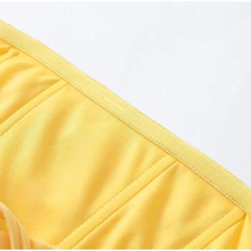 Elegant Yellow Strapless Pleated Maxi Gown — Waist-Cinching Split Evening Dress