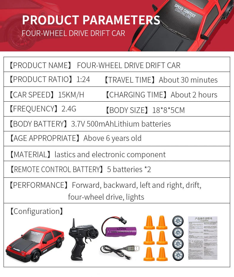 1:24 Scale 4WD RC Drift Car – 20KM/H High Speed LED Racing Vehicle