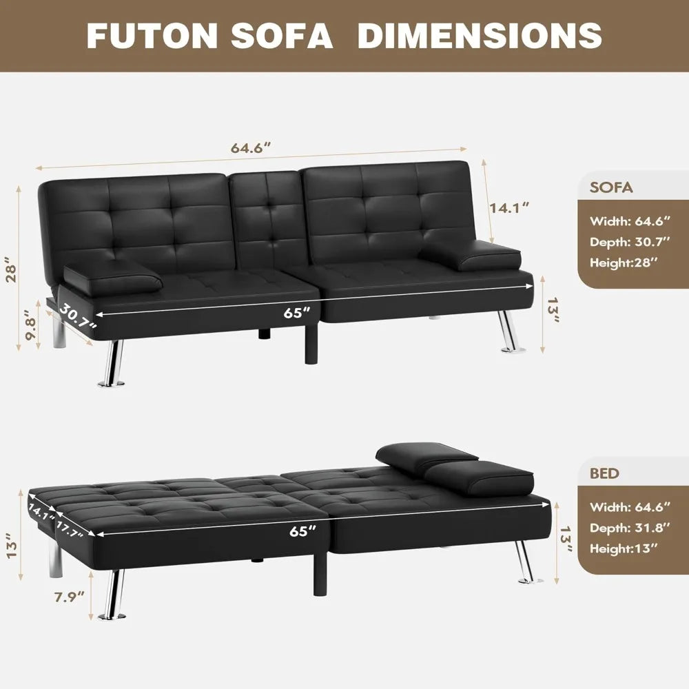 Leather Futon Sofa Bed with Detachable Armrests & Cup Holders