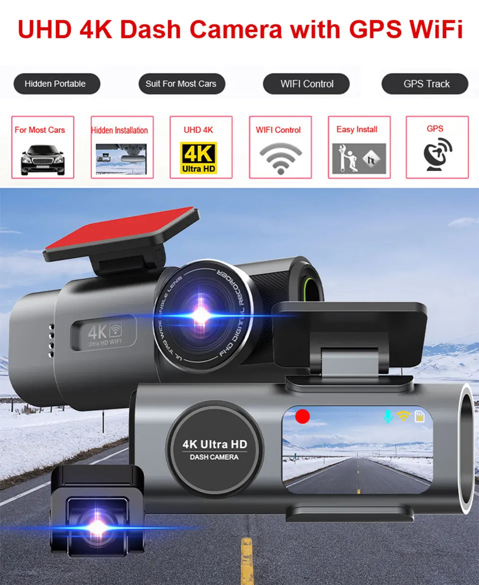 Dash Cam 4K UHD — Night Vision, Wi-Fi, GPS, 24H Parking Monitor, Front & Rear