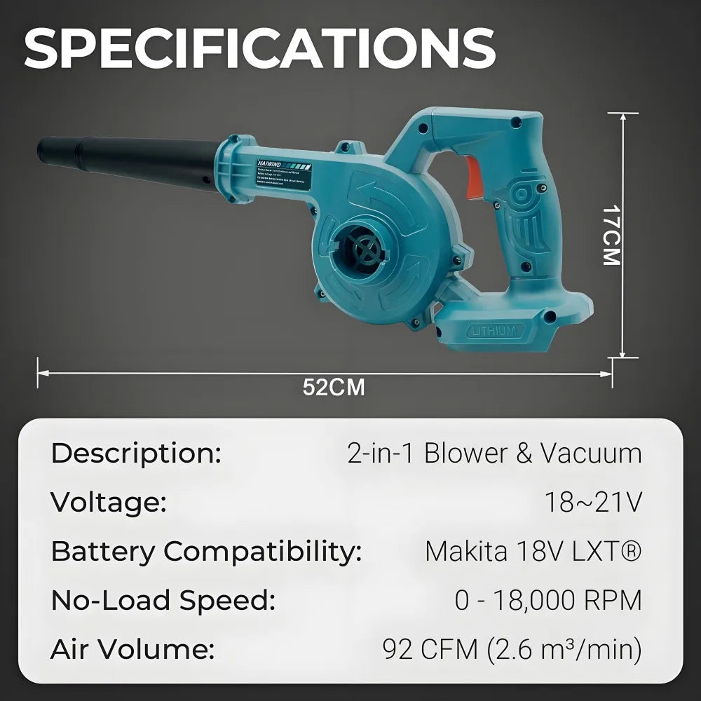 Cordless 2-in-1 Air Blower & Vacuum Cleaner – Leaf & Dust Collector, Makita 18V/21V Compatible