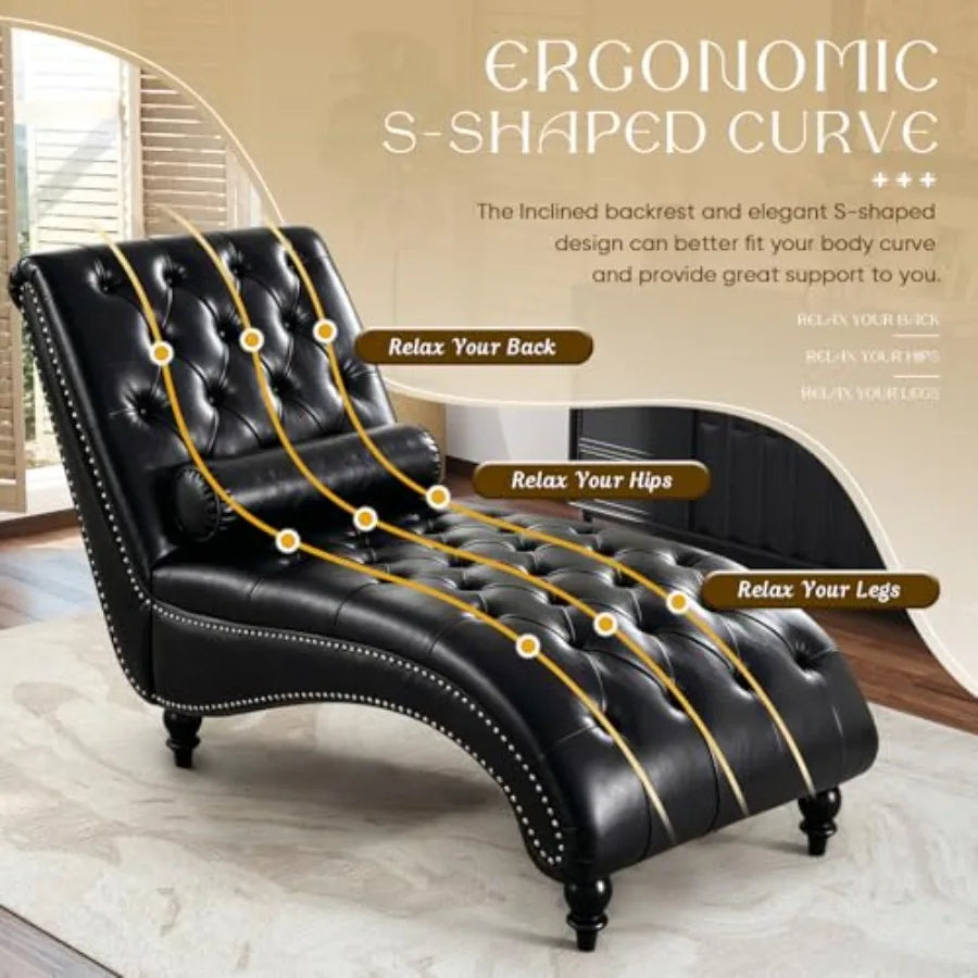 Black Faux Leather Chaise Lounge with Toss Pillow