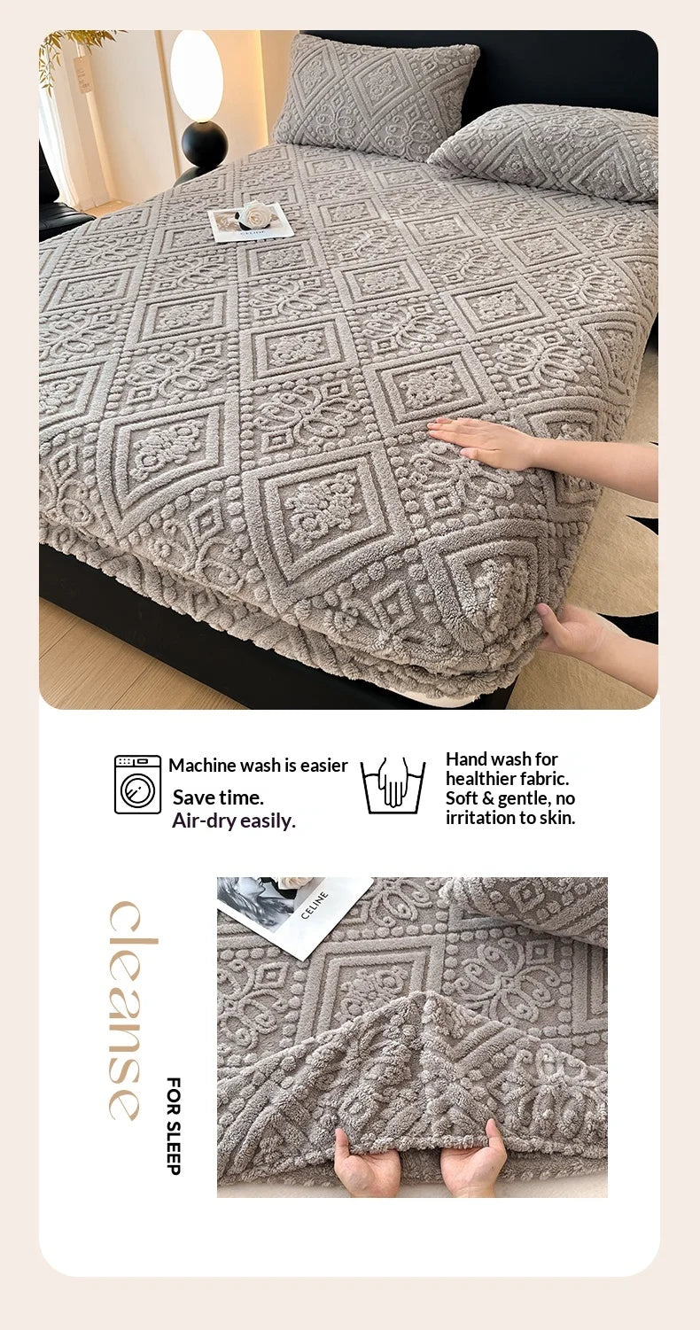 Winter Coral Plush Mattress Cover – High Elasticity Anti-Slip Breathable Bed Sheet