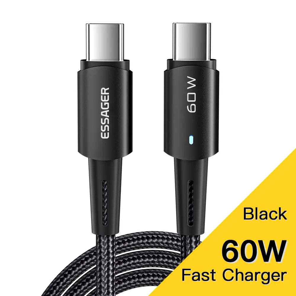 Fast Charge Everything. — Essager PD 100W/60W USB-C to USB-C Fast Charging Cable | 0.25m, 1m, 2m & 3m, Xiaomi, Samsung, Huawei, MacBook, iPad, Black, Blue & Brown