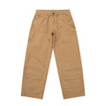 A pair of tan canvas work pants with multiple utility pockets, laid flat against a solid white background.