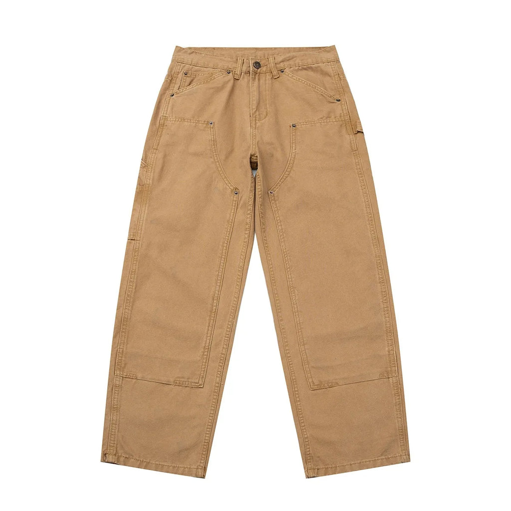 Men's Loose Straight Leg Work Pants – Khaki Cotton Carpenter Trousers