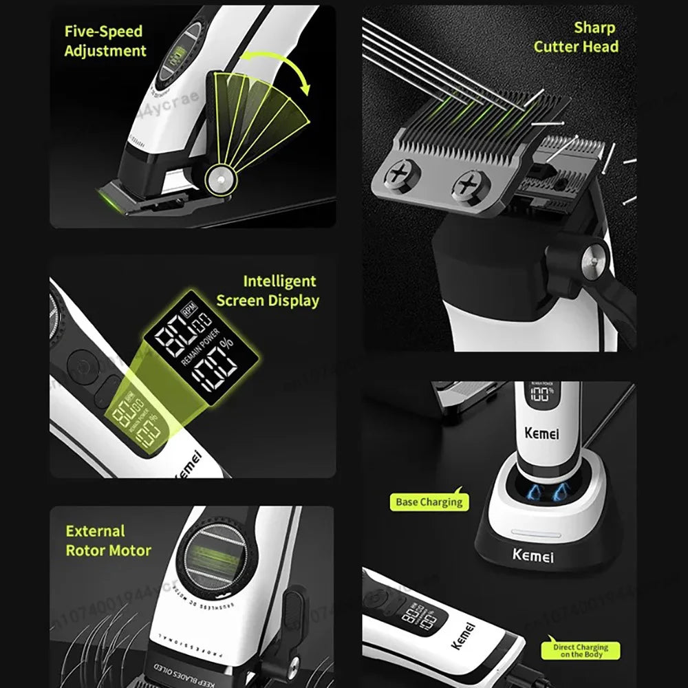 Kemei KM-1593 / KM-1595 Brushless Hair Clipper – DLC Blade, 8000 RPM, 200-Min Runtime, USB-C
