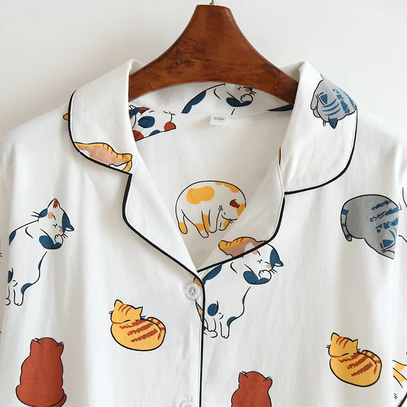 Women's Japanese Style 100% Cotton Cartoon Pajama Set | Short Sleeve & Shorts Sleepwear