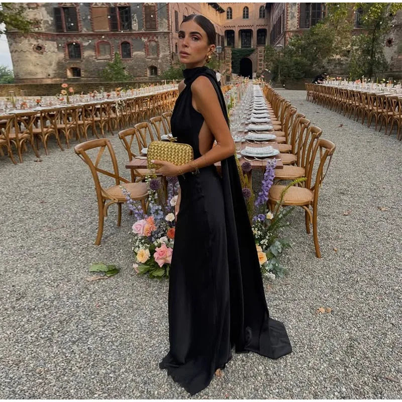 Sexy Satin Halter Backless Party Dress – Off Shoulder Sleeveless Solid Robe Gown 2026
