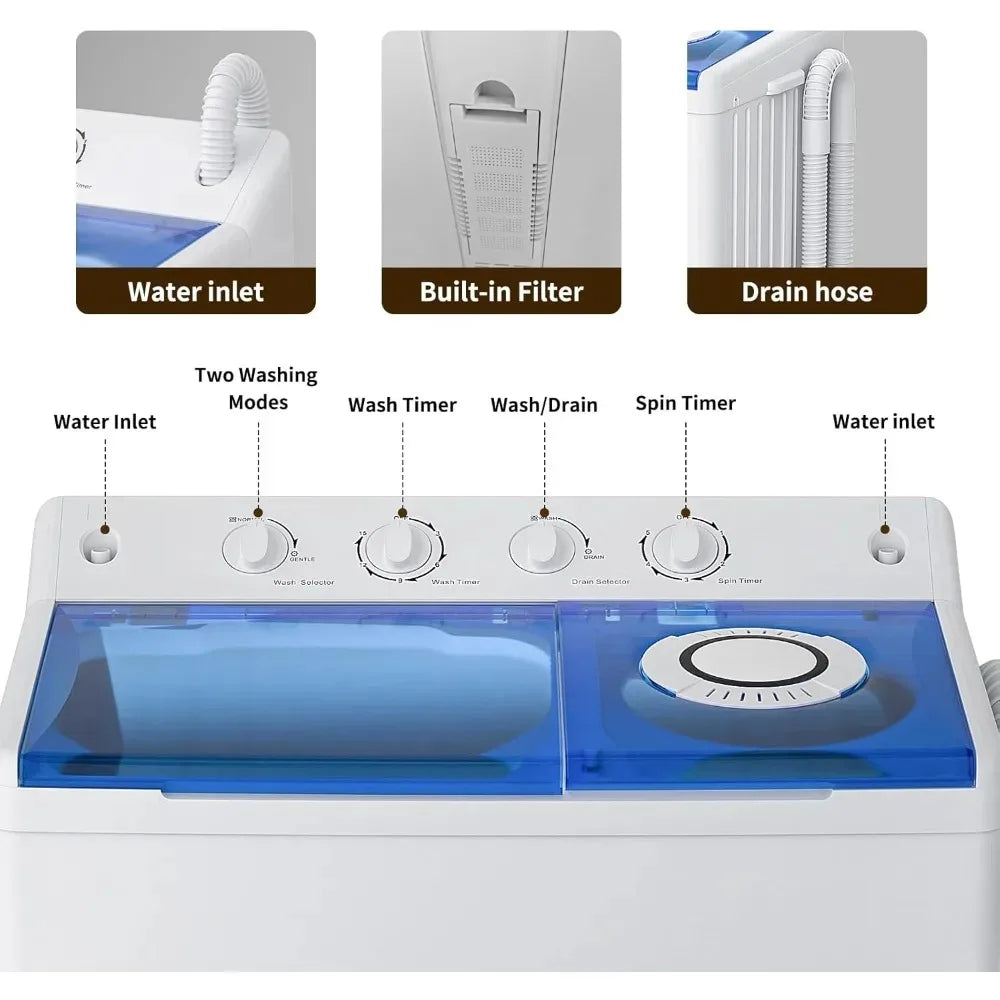 Portable Twin Tub Washing Machine 40 Lbs | Washer & Spinner Dryer Combo, 1300 RPM, Built-In Drain Pump, Apartment, Dorm & RV