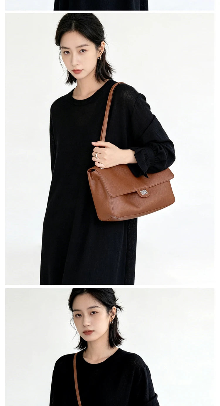 Head Layer Cowhide Leather Commuter Tote Bag – Large Capacity Crossbody Shoulder Bag for Women