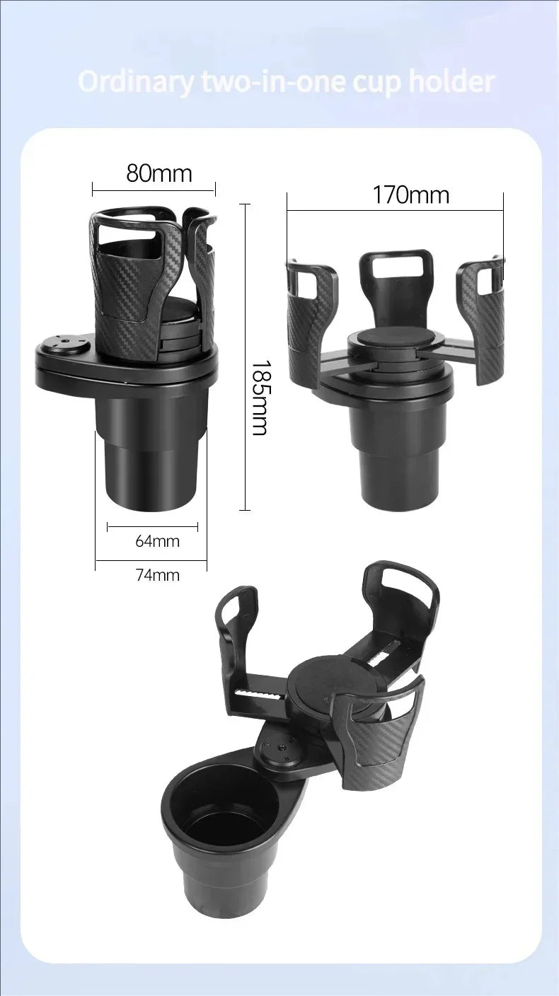 Three views of a black plastic two-in-one cup holder with dimension labels (80mm, 170mm, 155mm, 64mm, 74mm) on a white background with a pale blue border.