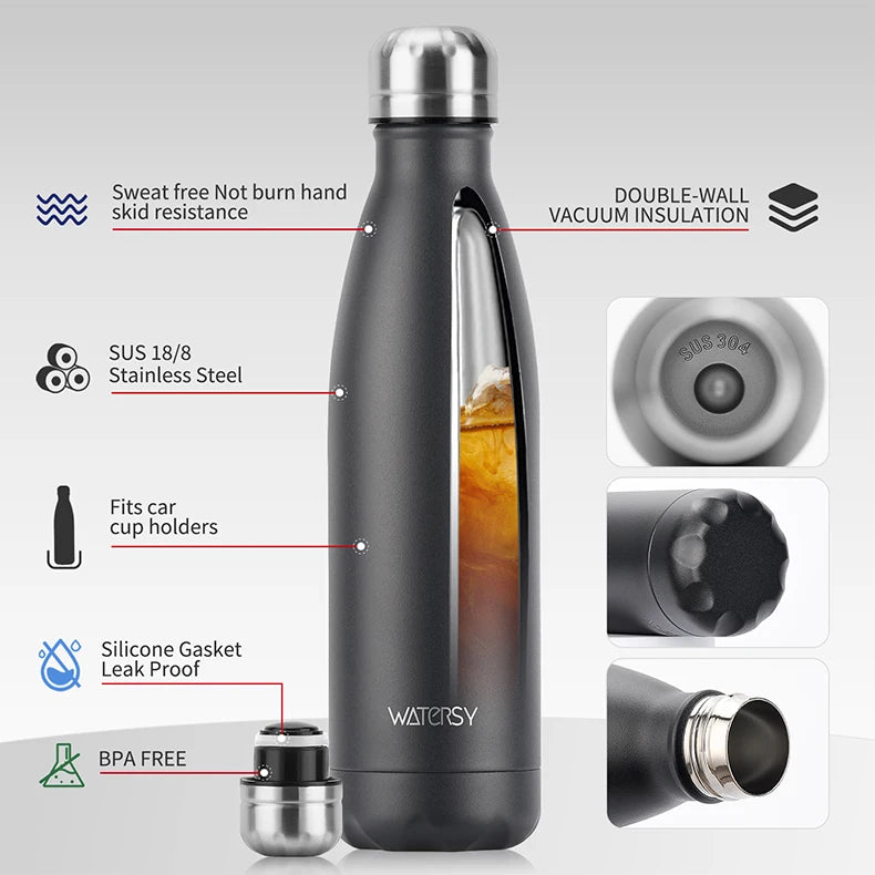 WATERSY 500ml Insulated Vacuum Flask – 304 Stainless Steel Double-Wall Thermal Water Bottle, 12–24hr, 18 Colors