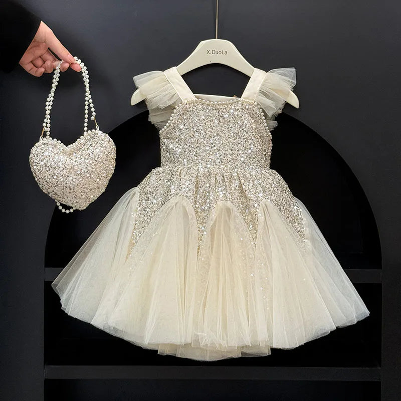 Sequin Flying Sleeve Girls Party Dress — Elegant Mesh Vest Princess Prom Dress
