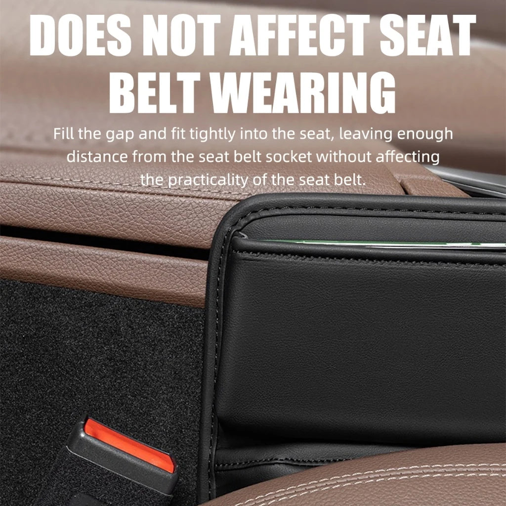 Close-up of a black leather car center console armrest installed in a brown leather car seat, with large white text reading 'DOES NOT AFFECT SEAT BELT WEARING' and smaller explanatory text above.