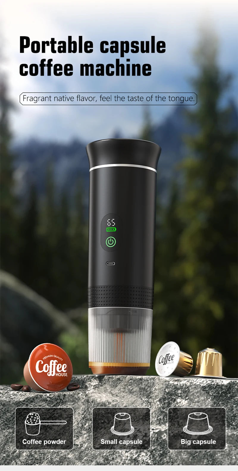 DENOKIN Portable Espresso Coffee Maker – 3-in-1 Capsule Machine with Digital Display for Car, Home & Camping