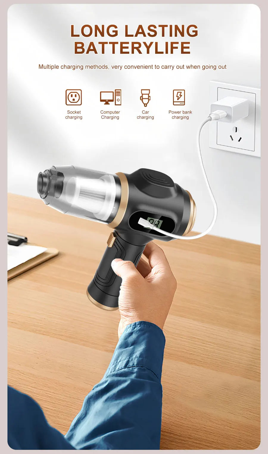 Wireless Car Vacuum Cleaner — Portable Cordless ABS Handheld Vacuum for Car & Home