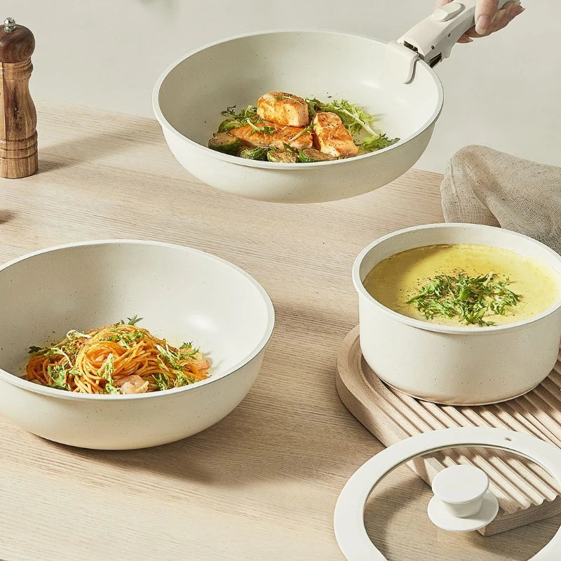 Nonstick Cookware Set – White, Detachable Handle