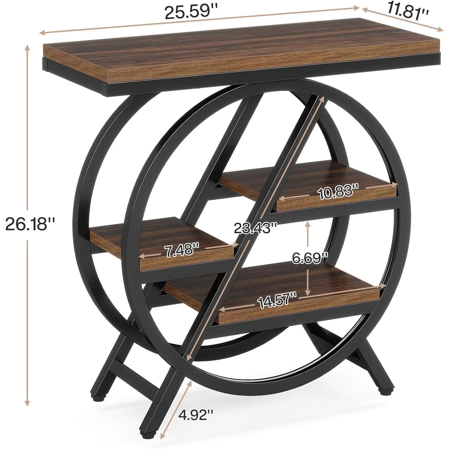 3-Tier Narrow End Table with Storage — Wood & Geometric Metal Frame