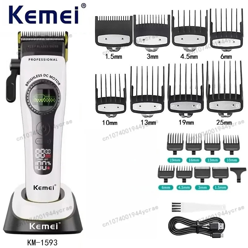 Kemei KM-1593 / KM-1595 Brushless Hair Clipper – DLC Blade, 8000 RPM, 200-Min Runtime, USB-C