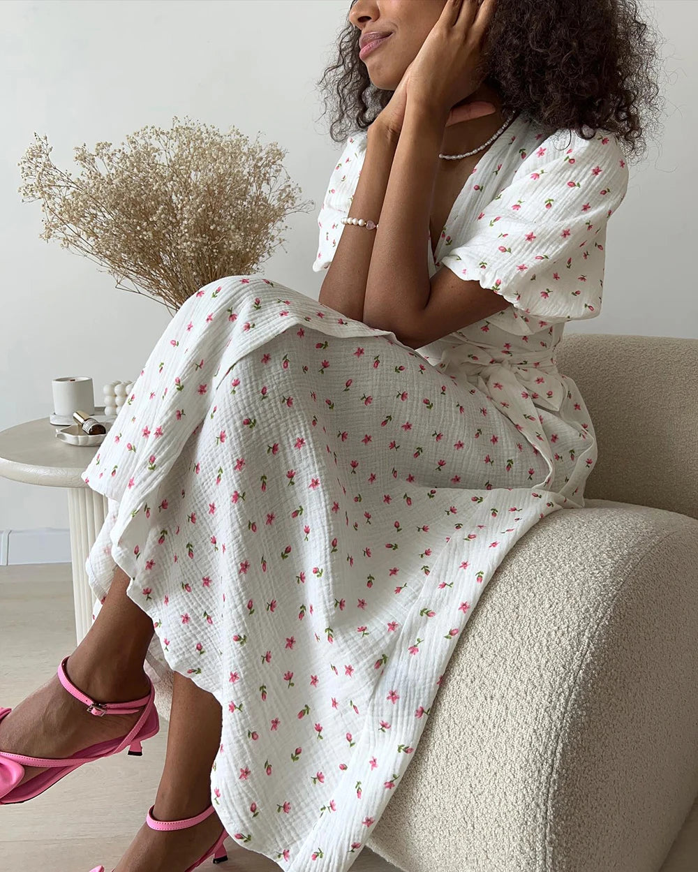 100% Cotton Floral A-Line Midi Dress — Elegant White Summer Dress with Side Slits