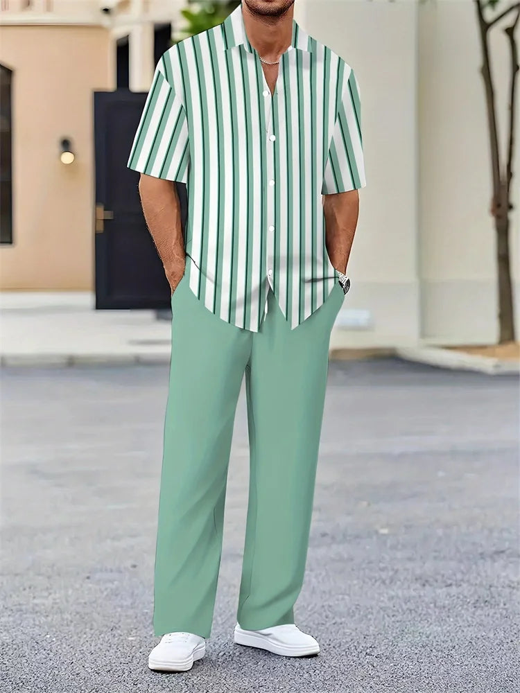 Men's 3D Striped Print Lapel Shirt & Shorts Casual Set – Autumn Outdoor 2-Piece