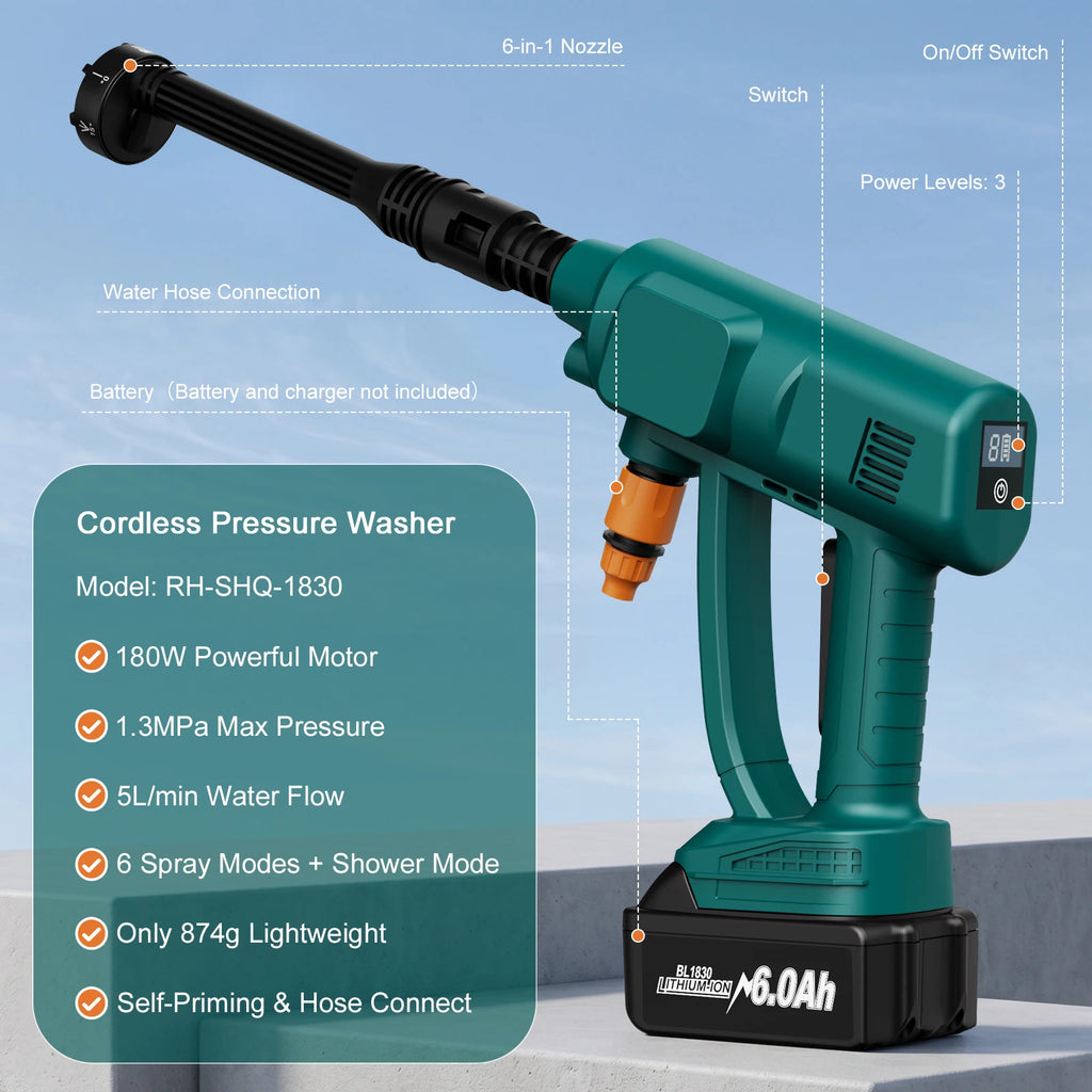 500W Cordless High-Pressure Car Washer Gun – 60 Bar, 6–10m Reach, Makita 18V Compatible, 6-in-1 Nozzle (No Battery)