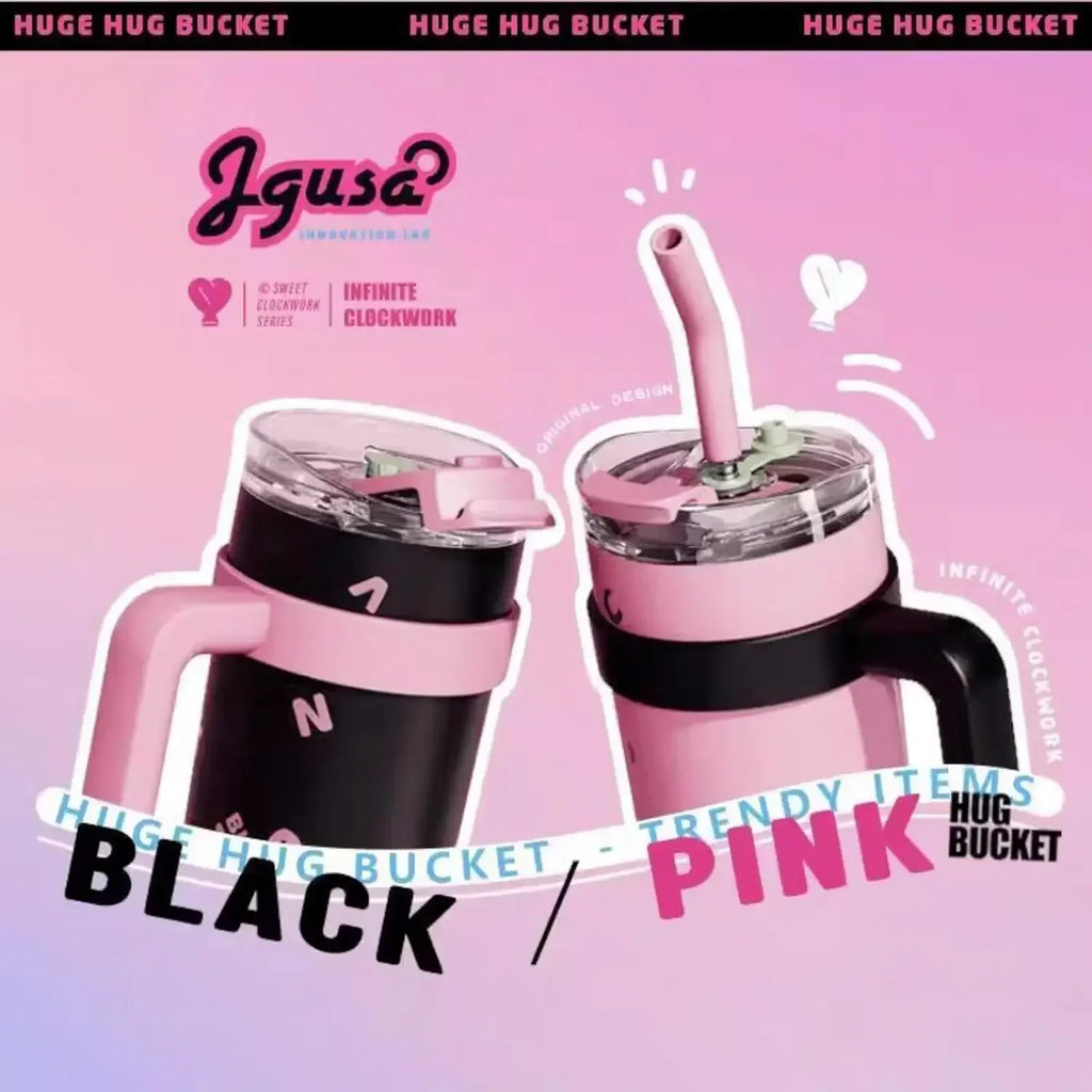 1200ml Stainless Steel Vacuum Insulated Tumbler with Straw – 6–12Hr Thermal, CIQ Certified, Outdoor & Travel, Pink & Black