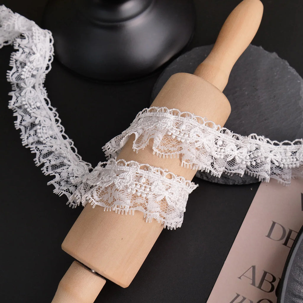 White Lace Ribbon Bow Trim — Embroidered Edge for Dresses, Bridal & DIY Crafts