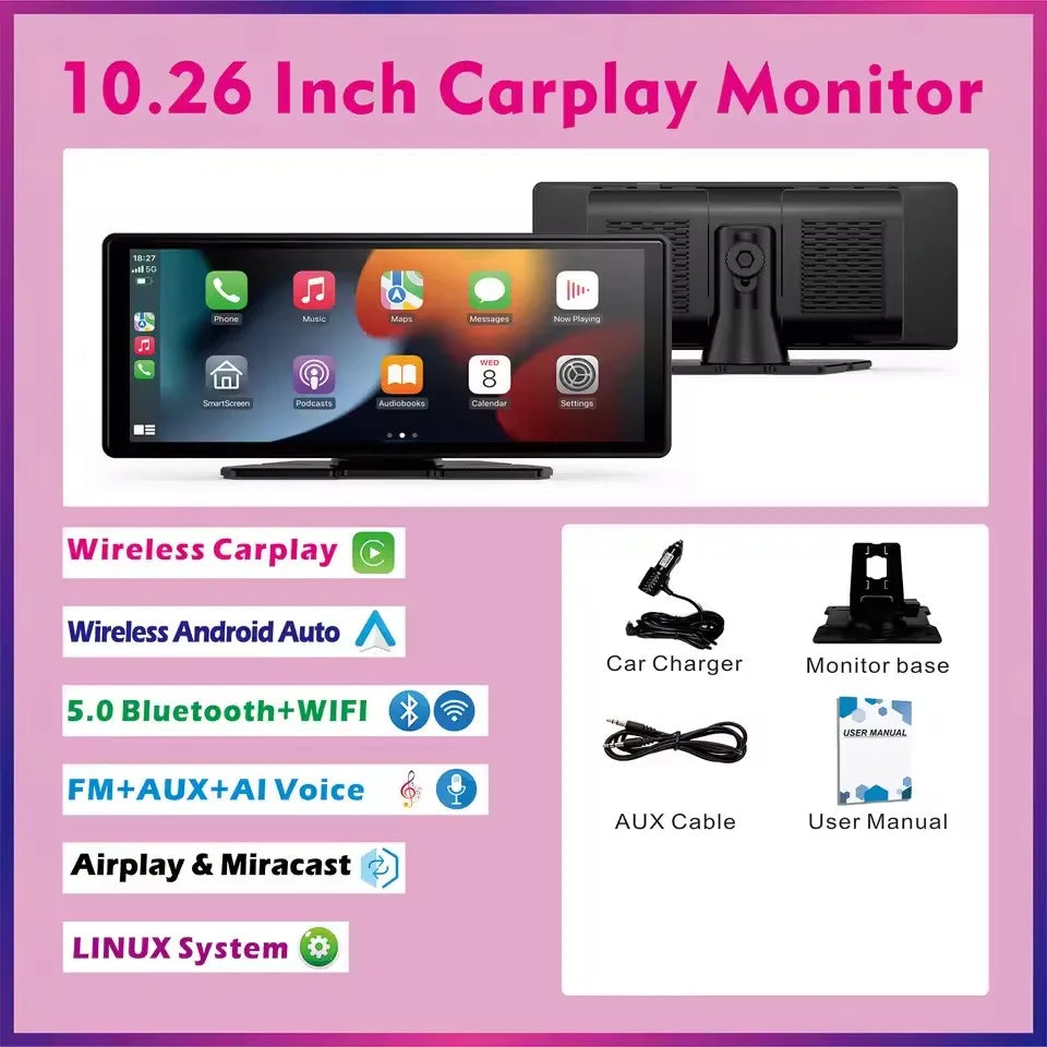 Wireless CarPlay Screen for Car – 10.26" Android Auto Touchscreen Stereo System