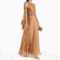 O-Neck Full Sleeve Flower Ruched Prom Gown — A-Line Floor-Length Formal Dress Customized